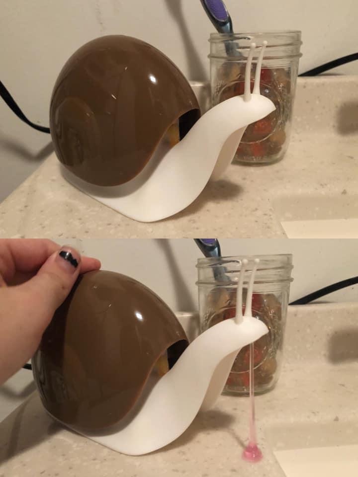 A soap dispenser that looks like a snail